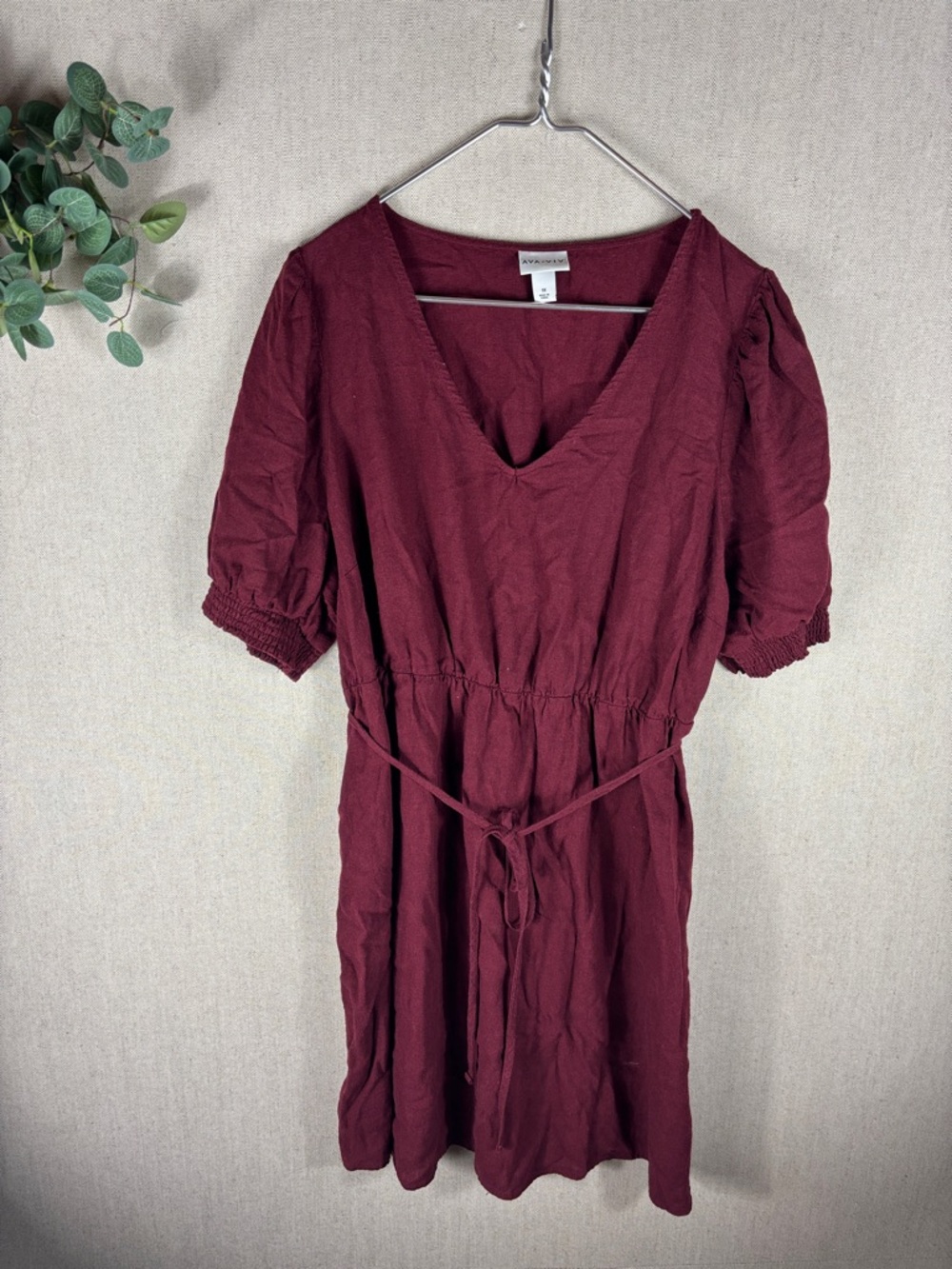 Ava & Viv > Burgundy Short Sleeve Tie-Waist Mini Dress 1X